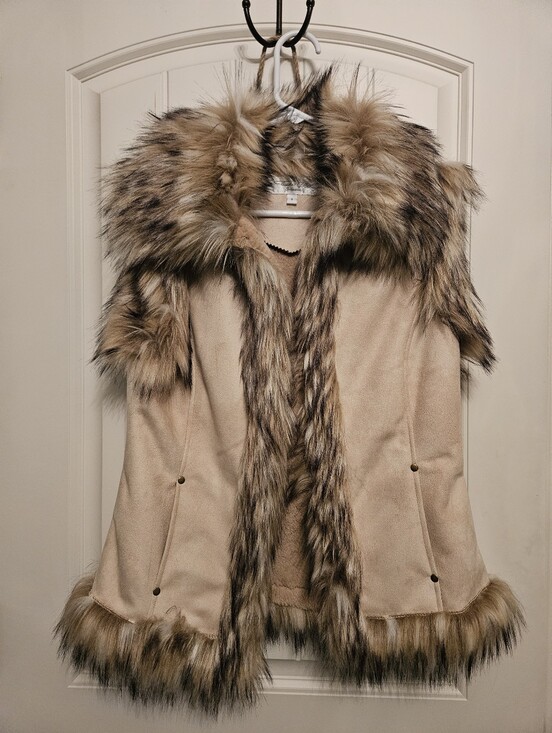 Tasha Polizzi Jackets & Blazers - Tasha Polizzi Beige Faux Fur-Trim Vest Jacket